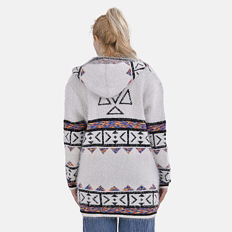 Tamsy Cozy Coatigan with Hoodie (Size 8 to 20) - White Multi
