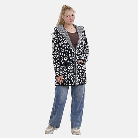 Tamsy Cozy Coatigan with Hoodie (Size 8 to 18) - White - Black
