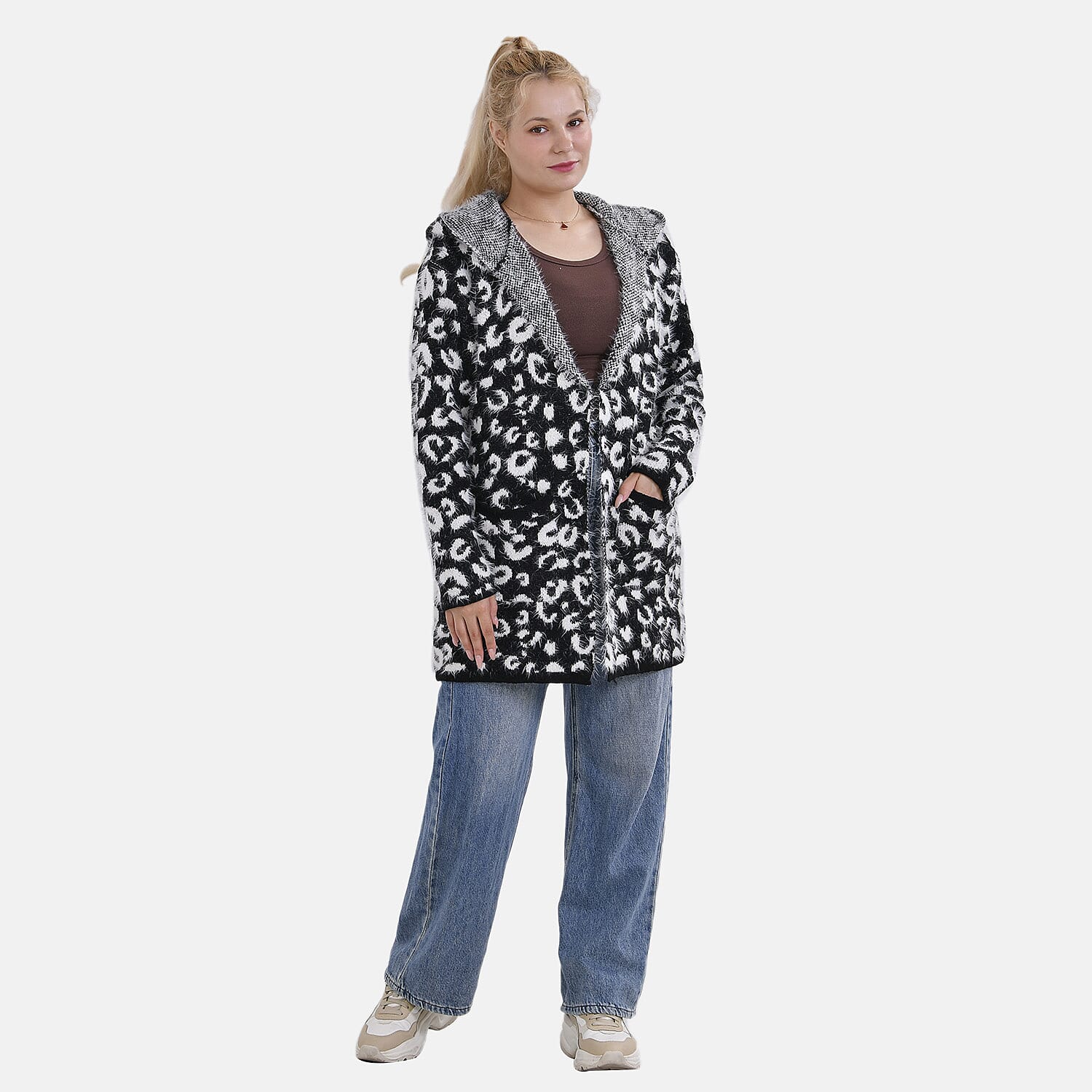 Tamsy Cozy Coatigan with Hoodie (Size 8 to 18) - White - Black