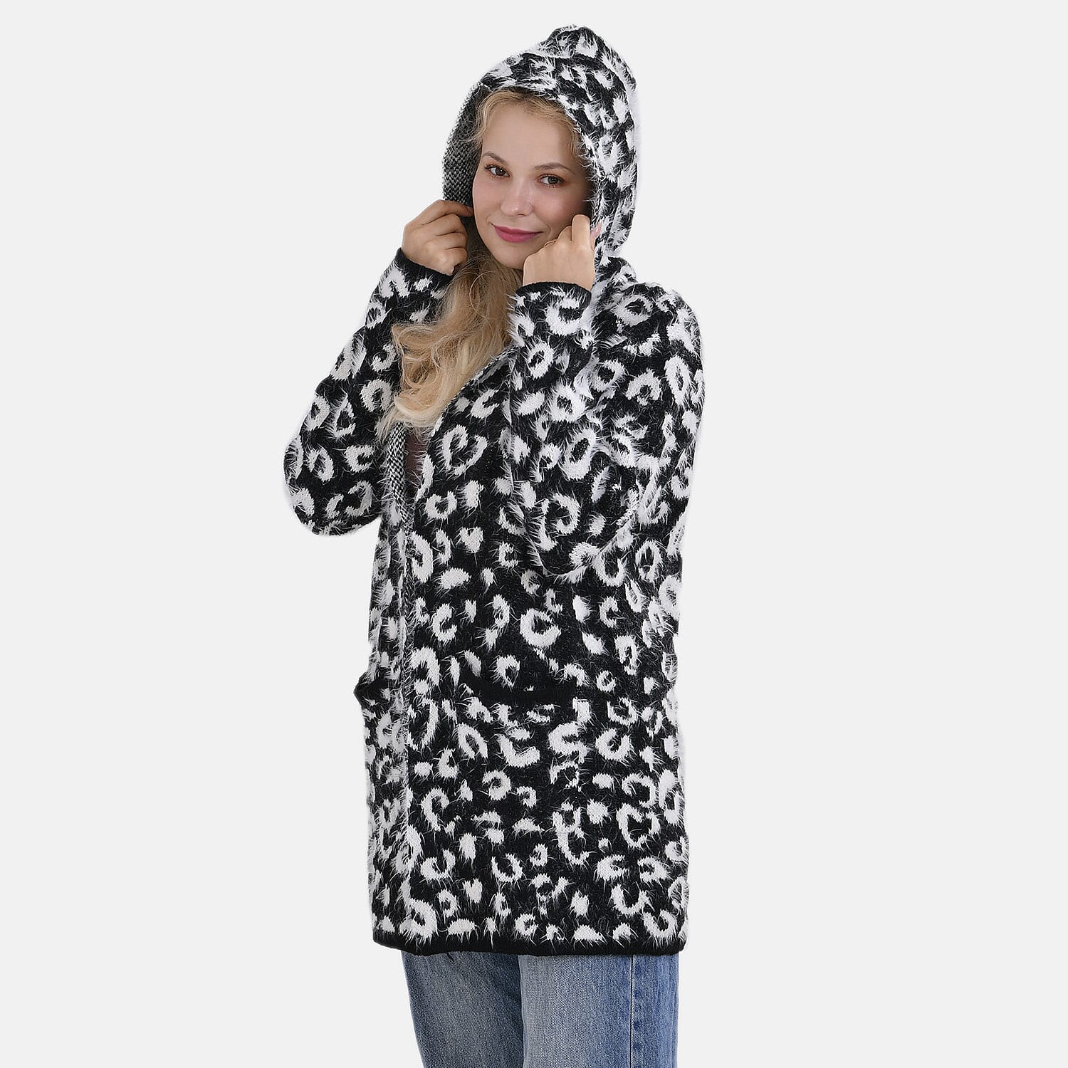 Tamsy Cozy Coatigan with Hoodie (Size 8 to 18) - White - Black