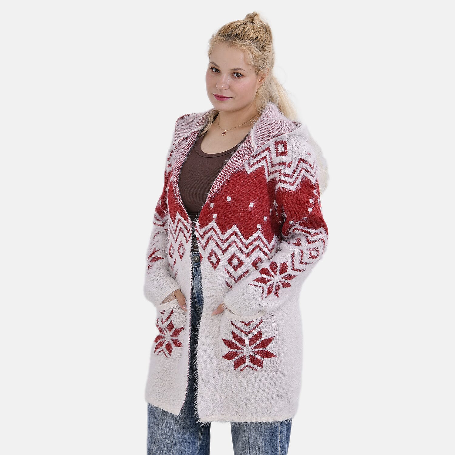 Tamsy Cozy Winter Coatigan with Hoodie (Size 8 to 20) - White & Red