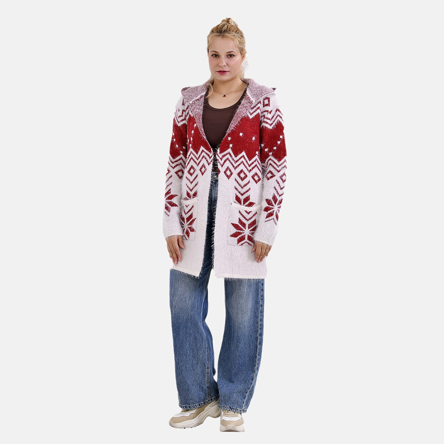 Tamsy Cozy Winter Coatigan with Hoodie (Size 8 to 20) - White & Red