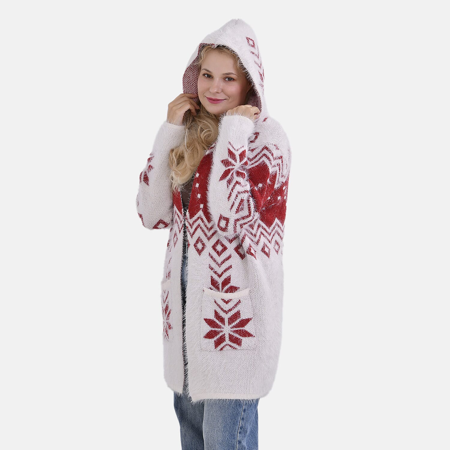Tamsy Cozy Winter Coatigan with Hoodie (Size 8 to 20) - White & Red