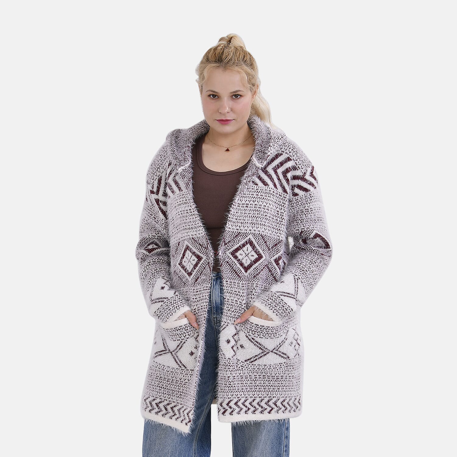Tamsy Cozy Winter Coatigan with Hoodie (Size 8 to 20) - White & Maroon