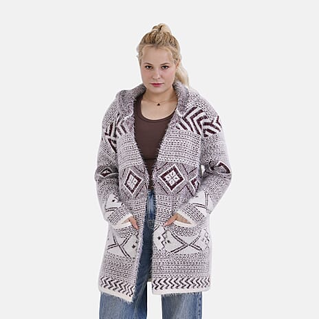 Tamsy Cozy Winter Coatigan with Hoodie (Size 8 to 20) - White & Maroon