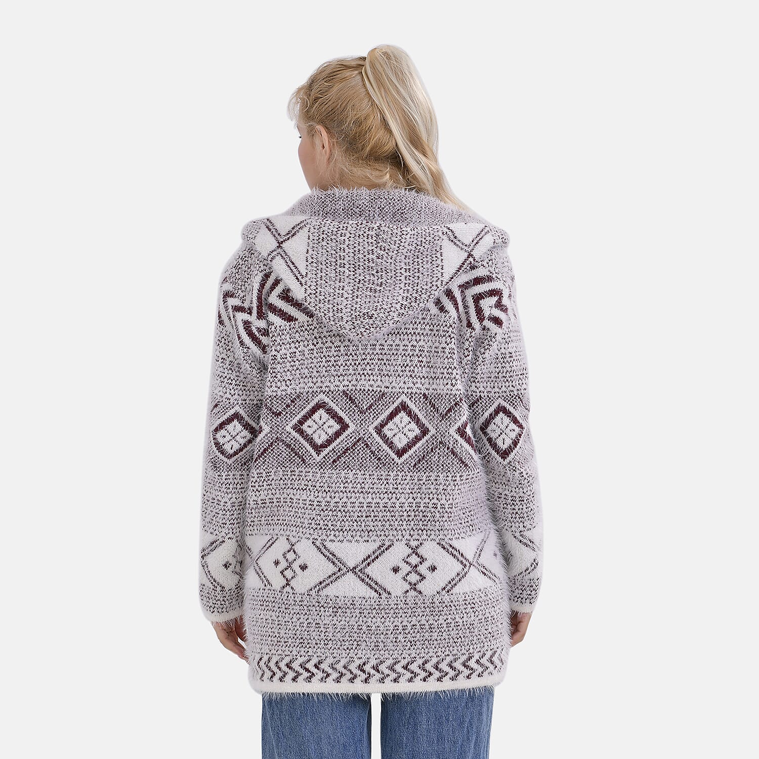 Tamsy Cozy Winter Coatigan with Hoodie (Size 8 to 20) - White & Maroon