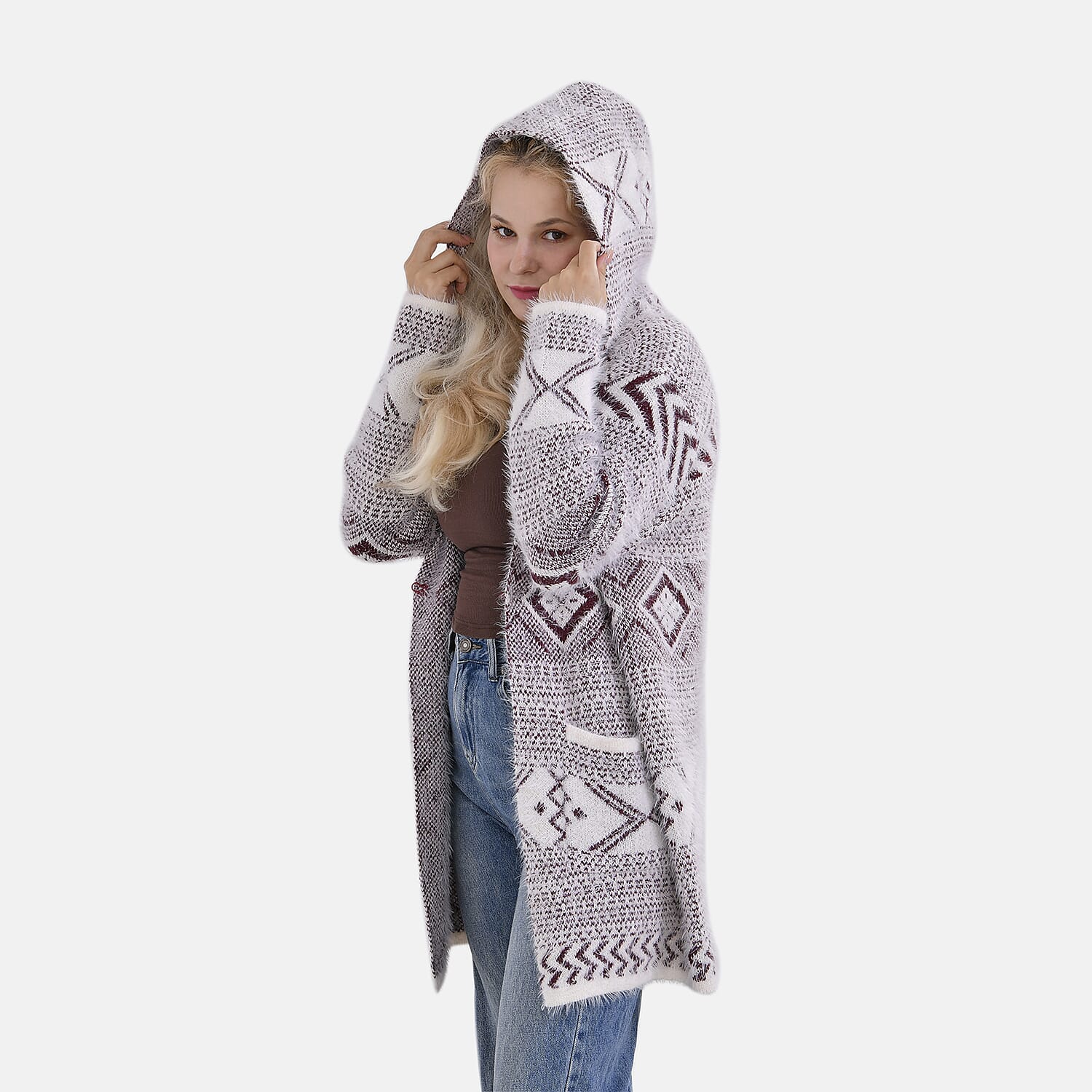 Tamsy Cozy Winter Coatigan with Hoodie (Size 8 to 20) - White & Maroon