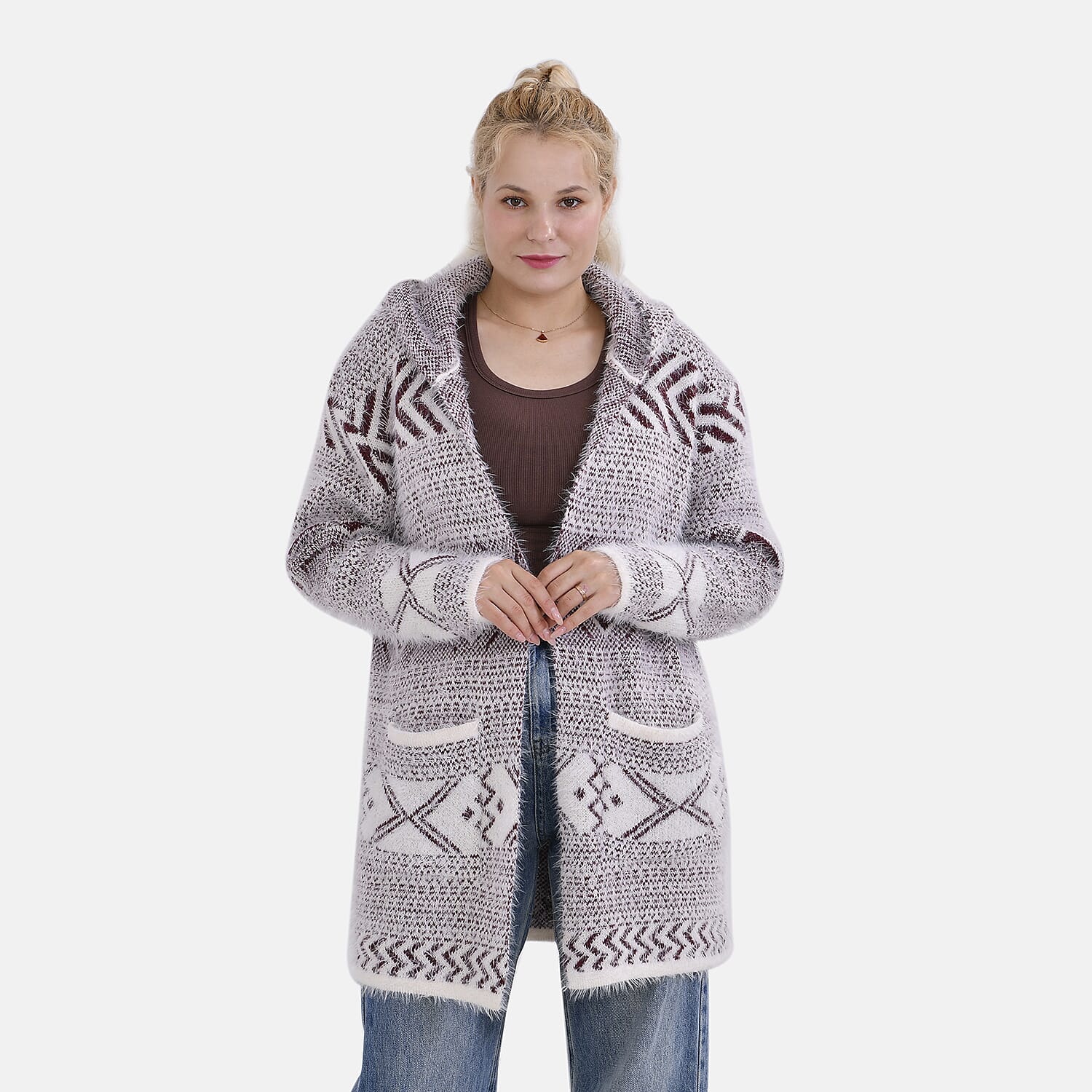 Tamsy Cozy Winter Coatigan with Hoodie (Size 8 to 20) - White & Maroon