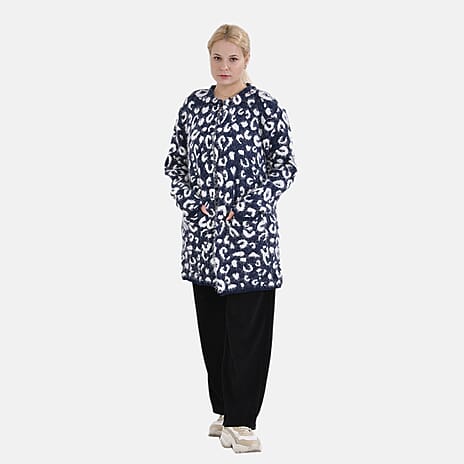 Tamsy Winter Coatigan with 2 Pockets (One Size, upto 18) - Navy - White