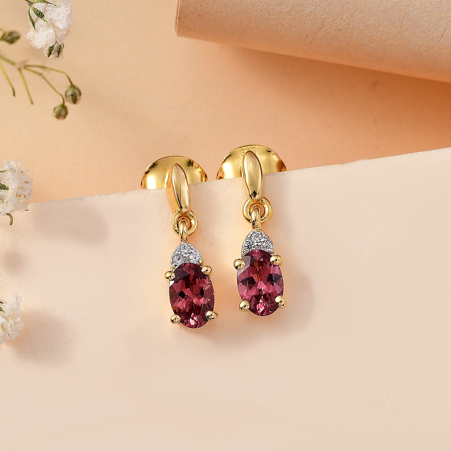 Tanzanian Blush Garnet & Natural Zircon Dangle Earrings in 18K Vermeil Yellow Gold Plated Sterling Silver 1.18 Ct.