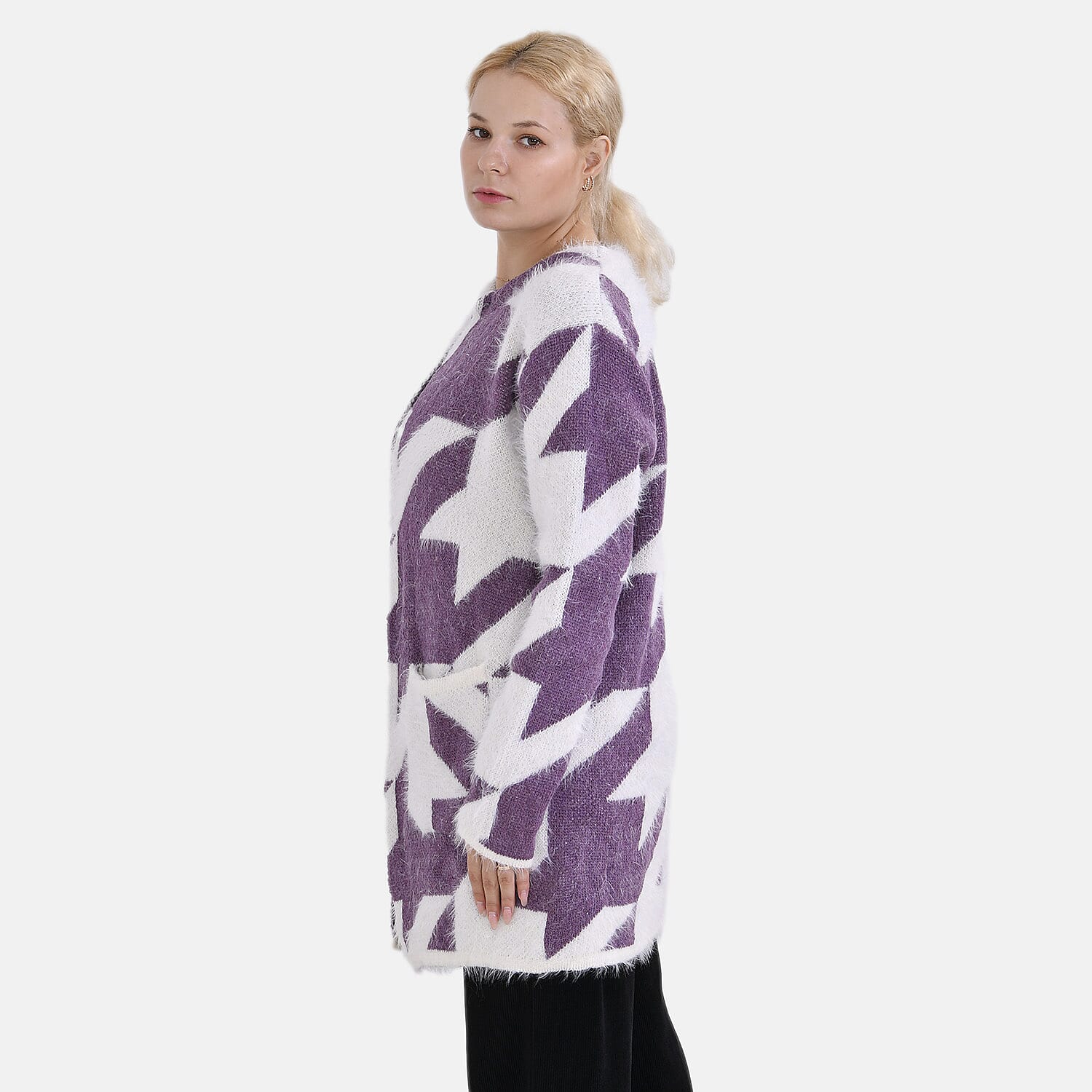 Tamsy Patterned Cardigan and Sweater-Jumper - Purple & White