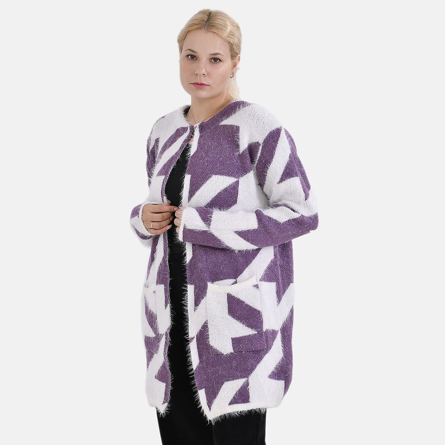 Tamsy Patterned Cardigan and Sweater-Jumper - Purple & White