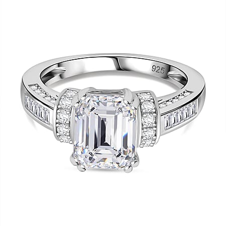 Moissanite Emerald Cut Pave Set Ring in Rhodium Overlay Sterling Silver 3.30 ct