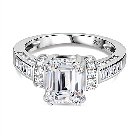 Moissanite Emerald Cut Pave Set Ring in Rhodium Overlay Sterling Silver 3.30 ct