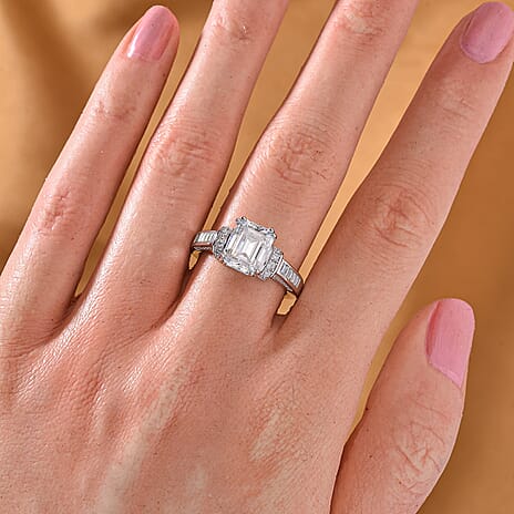 Moissanite Emerald Cut Pave Set Ring in Rhodium Overlay Sterling Silver 3.30 ct