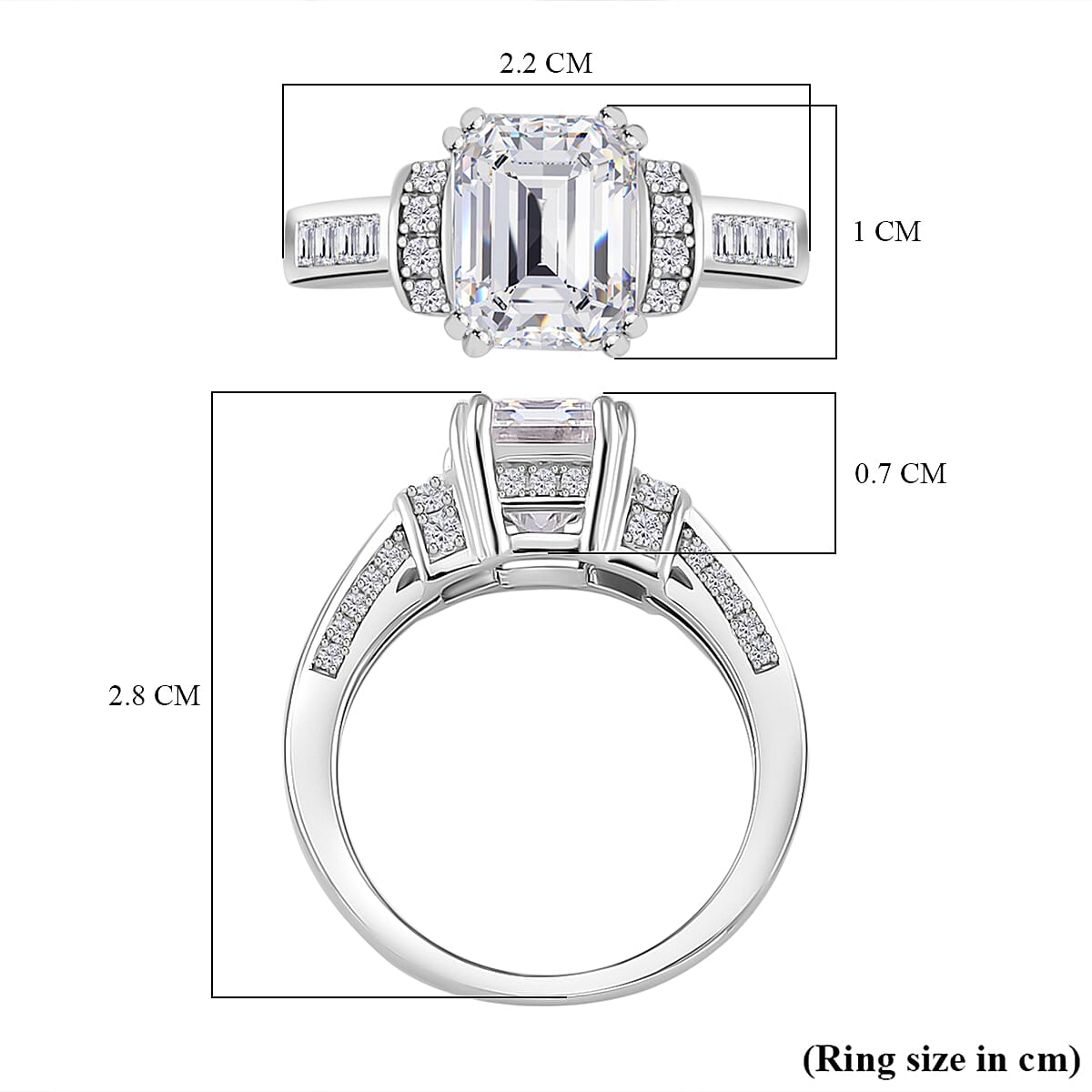 Moissanite Emerald Cut Pave Set Ring in Rhodium Overlay Sterling Silver 3.30 ct Moissanite Emerald Cut Pave Set Ring in Rhodium Overlay Sterling Silver 3.30 ct