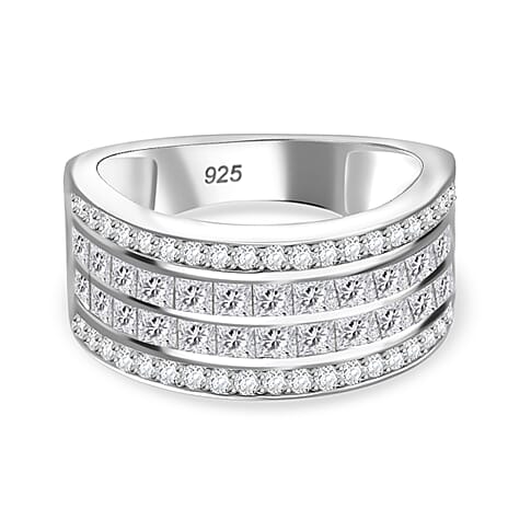 Moissanite 4 Row Half Eternity Band Ring in Rhodium Overlay Sterling Silver 1.60 ct