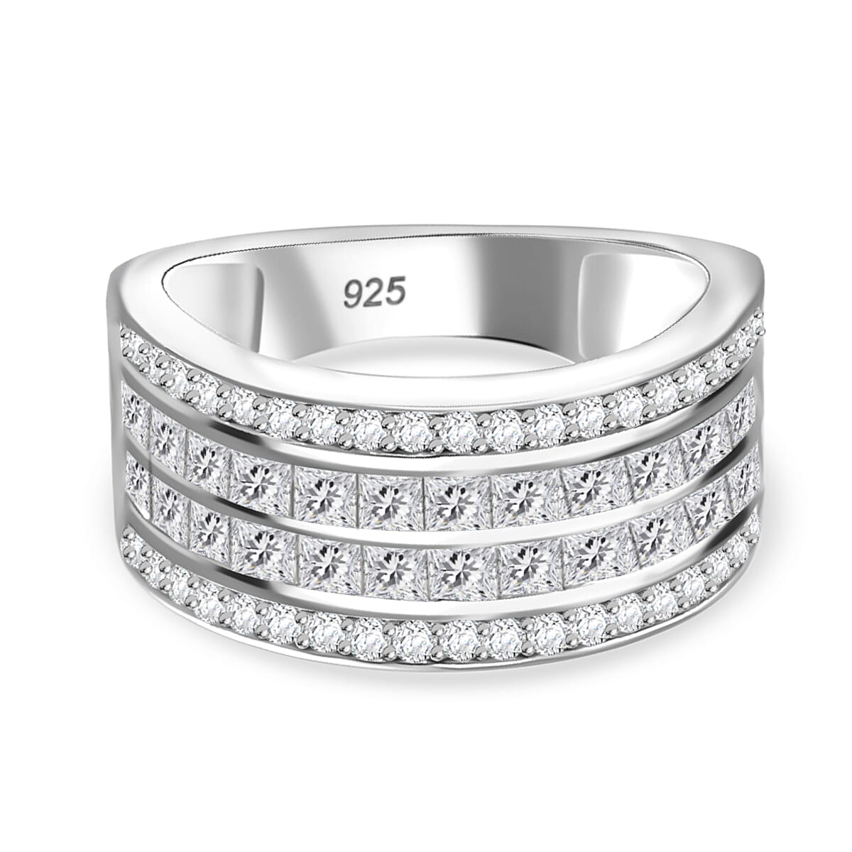 Moissanite 4-Rows Half Eternity Band Ring in Rhodium Sterling Silver 1.60 ct.