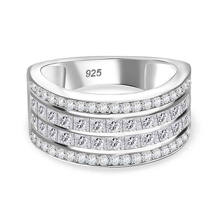 Moissanite 4-Rows Half Eternity Band Ring in Rhodium Sterling Silver 1.60 ct.