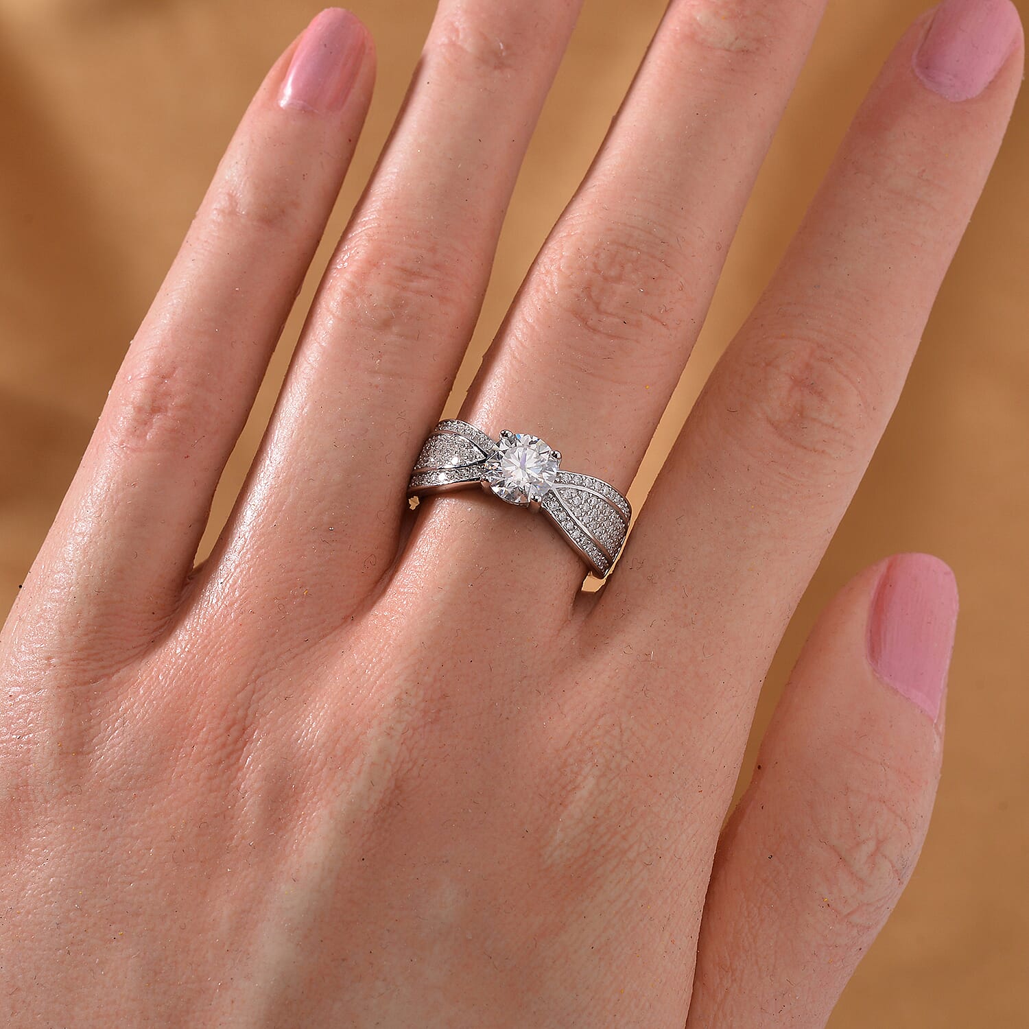 Designer Inspired - Moissanite Ring In platinum Overlay Sterling Silver 1.55 Cts