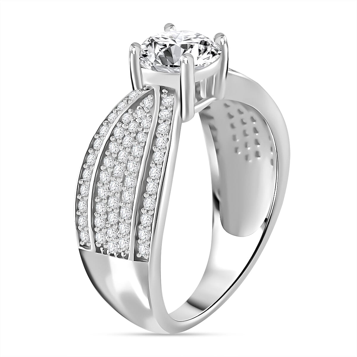 Designer Inspired - Moissanite Ring In platinum Overlay Sterling Silver 1.55 Cts