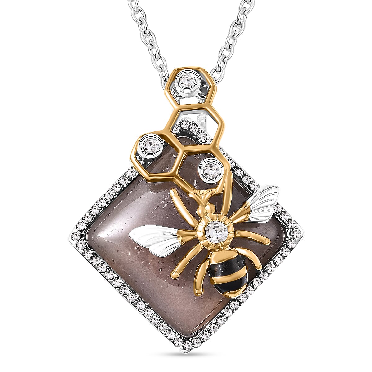 Grey Agate Honey Bee White Crystal Necklace (Size - 24-3 EXT) 30.00 Ct.