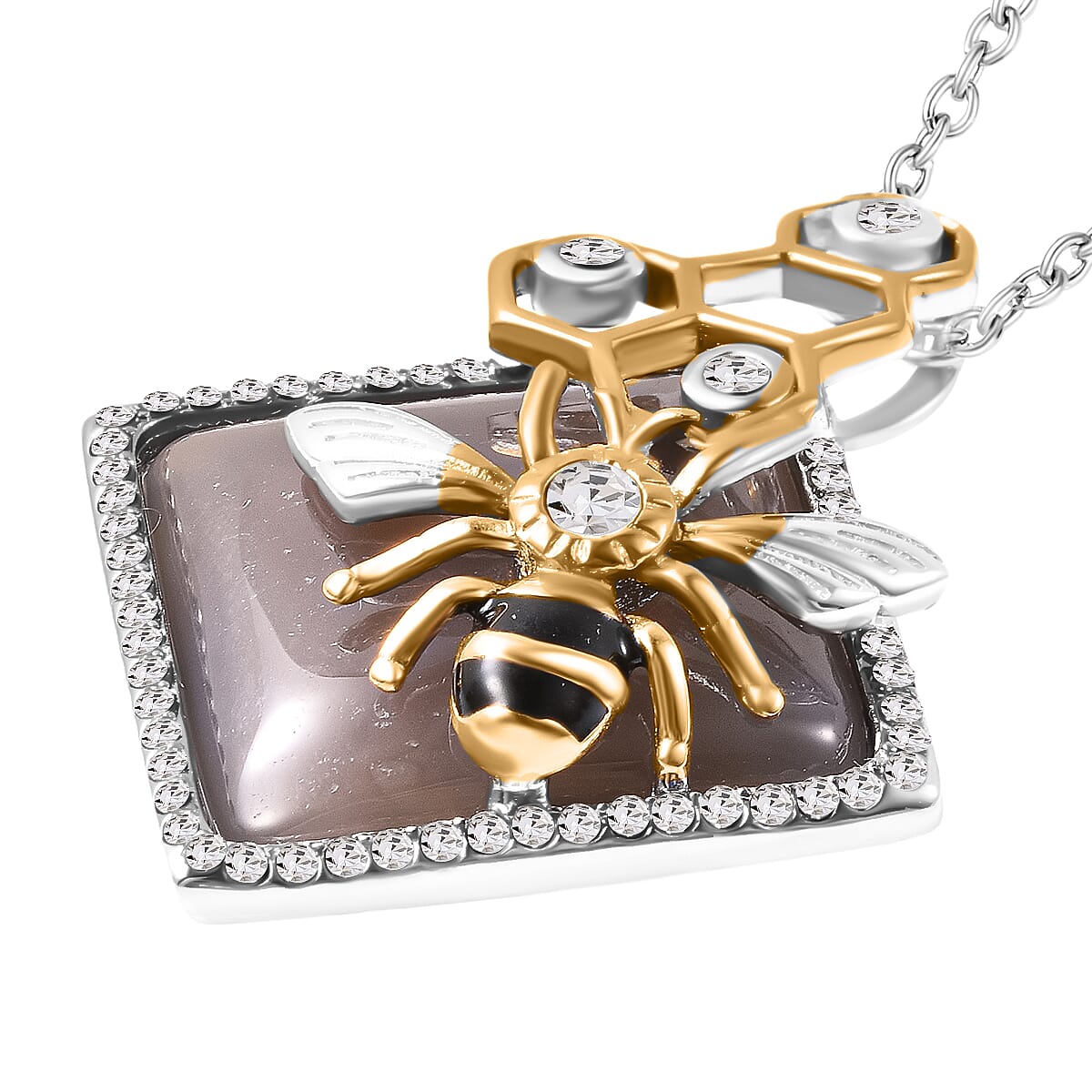 Grey Agate Honey Bee White Crystal Necklace (Size - 24-3 EXT) 30.00 Ct.