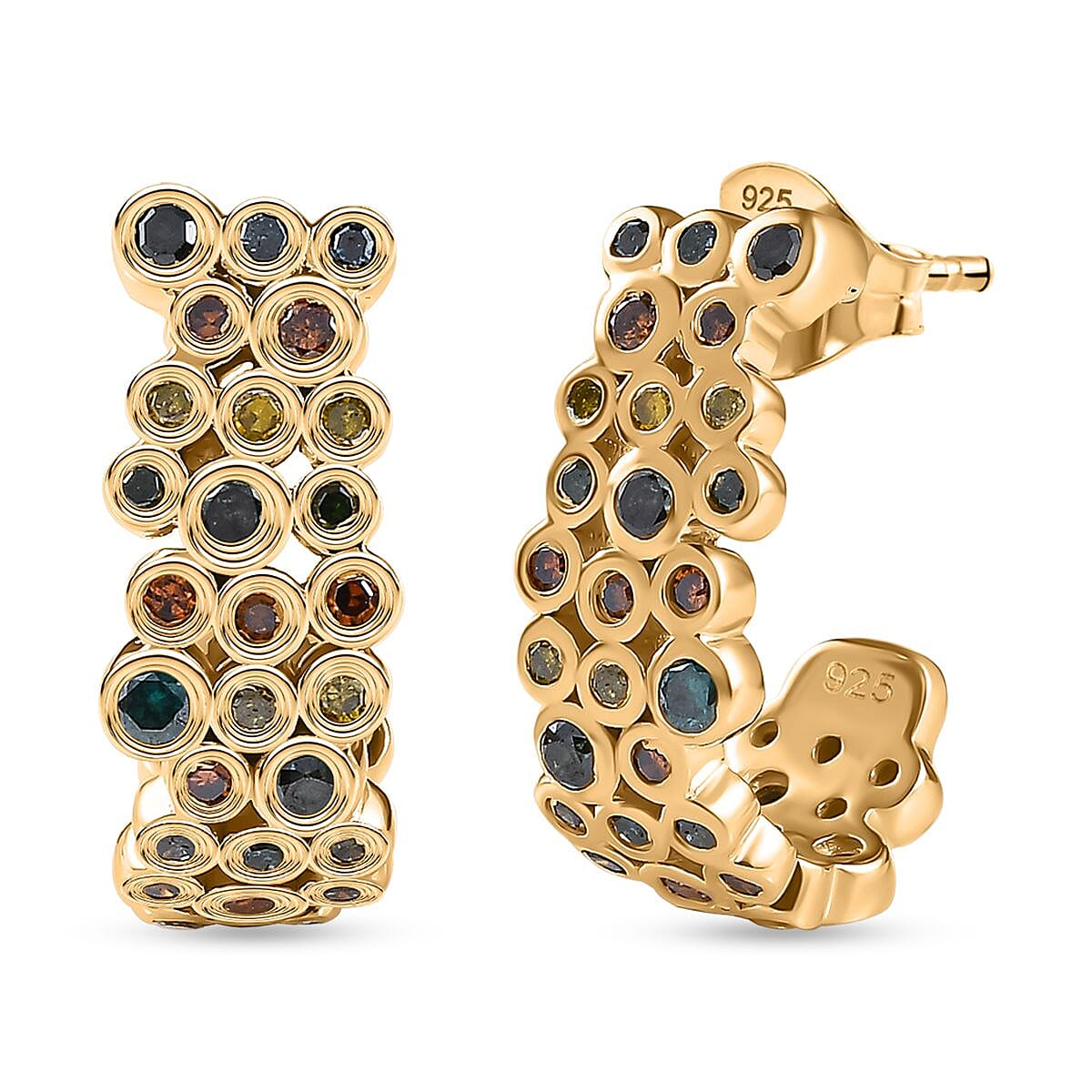 JCK Vegas Closeout - Multi Colour Diamond Half Hoop Earrings in 18K YG Vermeil Plated Sterling Silver 1.01 Ct