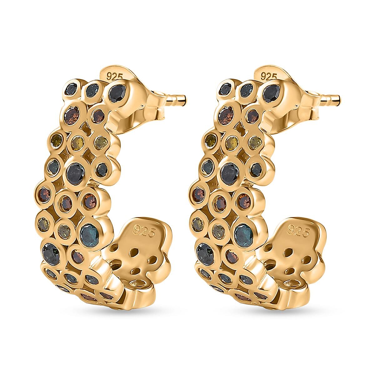 JCK Vegas Closeout - Multi Colour Diamond Half Hoop Earrings in 18K YG Vermeil Plated Sterling Silver 1.01 Ct