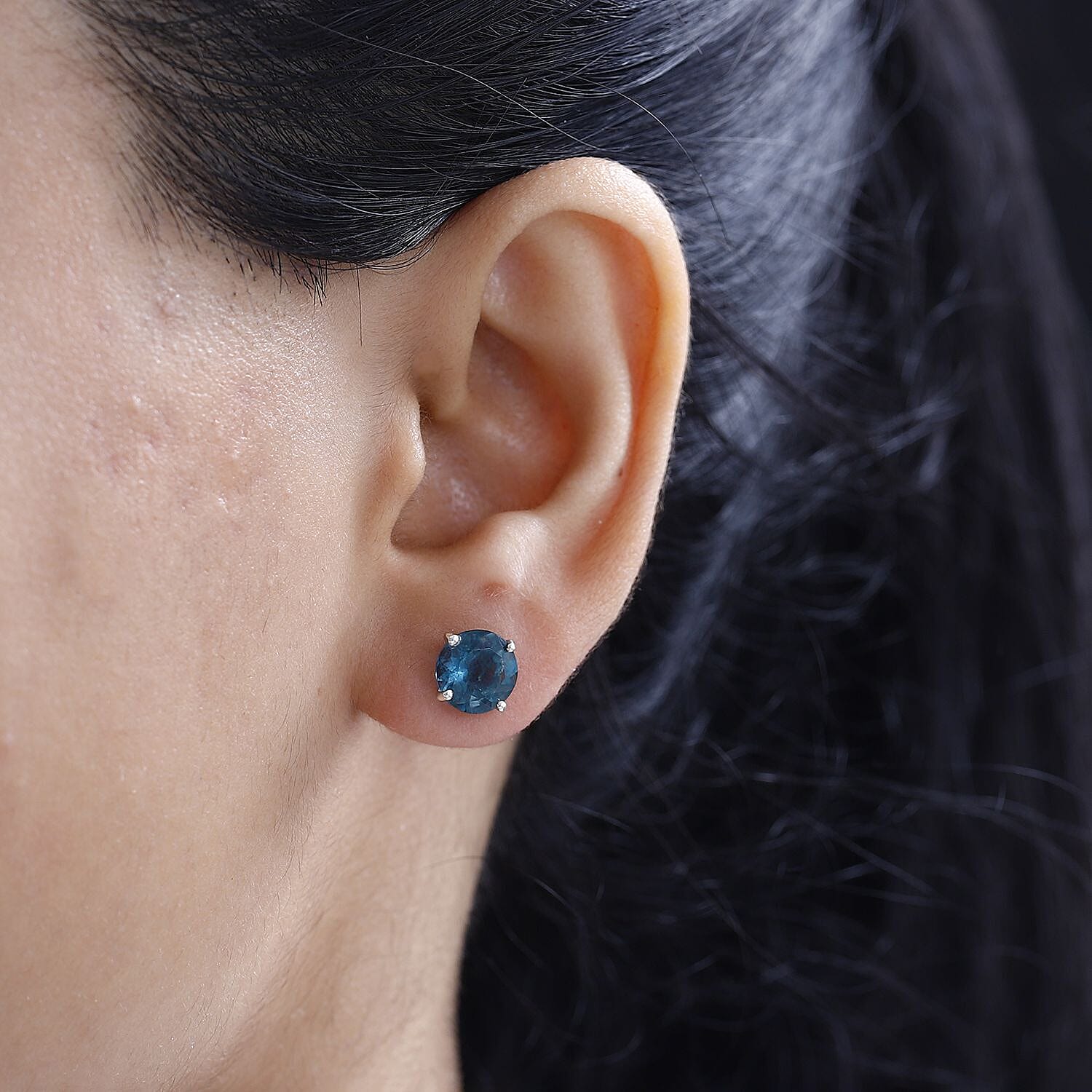 Belgian Teal Fluorite  Solitaire Stud Push Post Earring in Rhodium Overlay Sterling Silver 5.072 Ct.