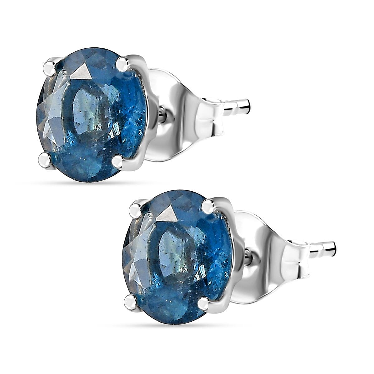 Belgian Teal Fluorite  Solitaire Stud Push Post Earring in Rhodium Overlay Sterling Silver 5.072 Ct.