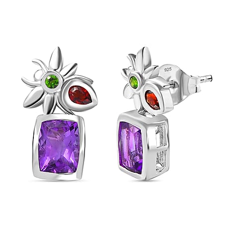 Moroccan Amethyst, Red Garnet, Natural Chrome Diopside Earrings in Rhodium Overlay Sterling Silver 3.34 Ct.