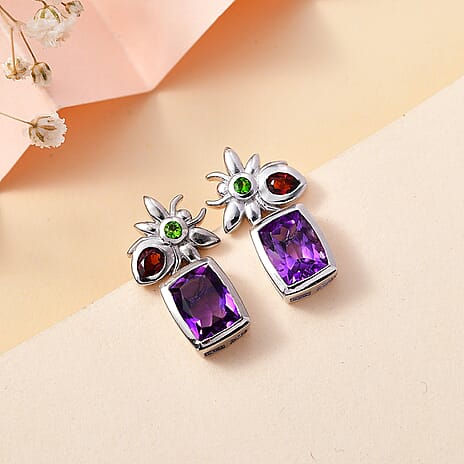 Moroccan Amethyst, Red Garnet, Natural Chrome Diopside Earrings in Rhodium Overlay Sterling Silver 3.34 Ct.