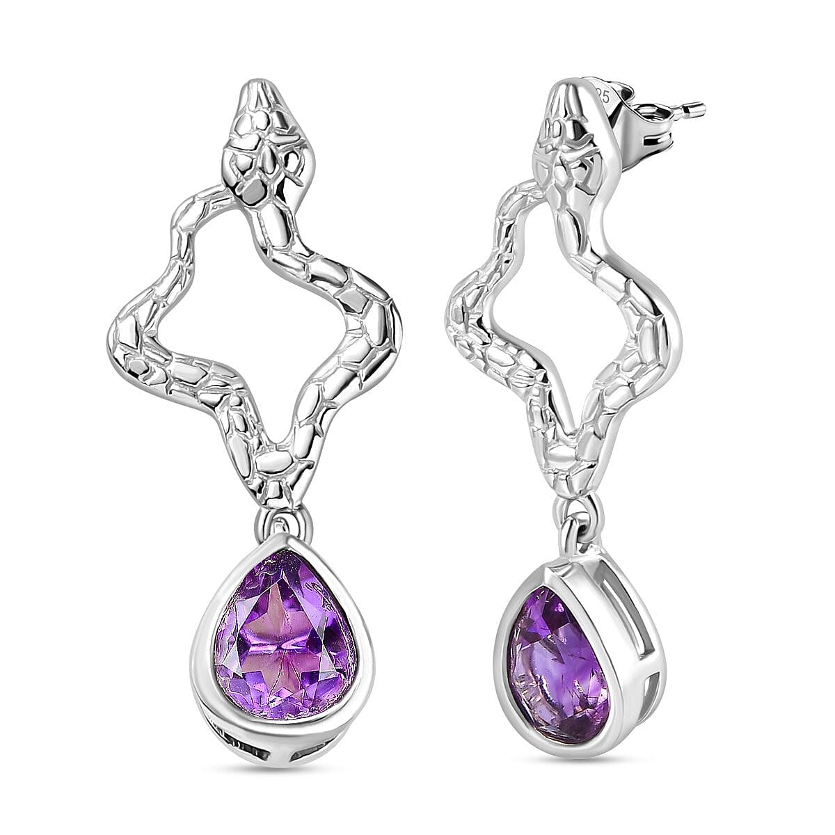 Moroccan Amethyst Solitaire Dangle Earrings in Rhodium Overlay Sterling Silver 3.03 Ct.