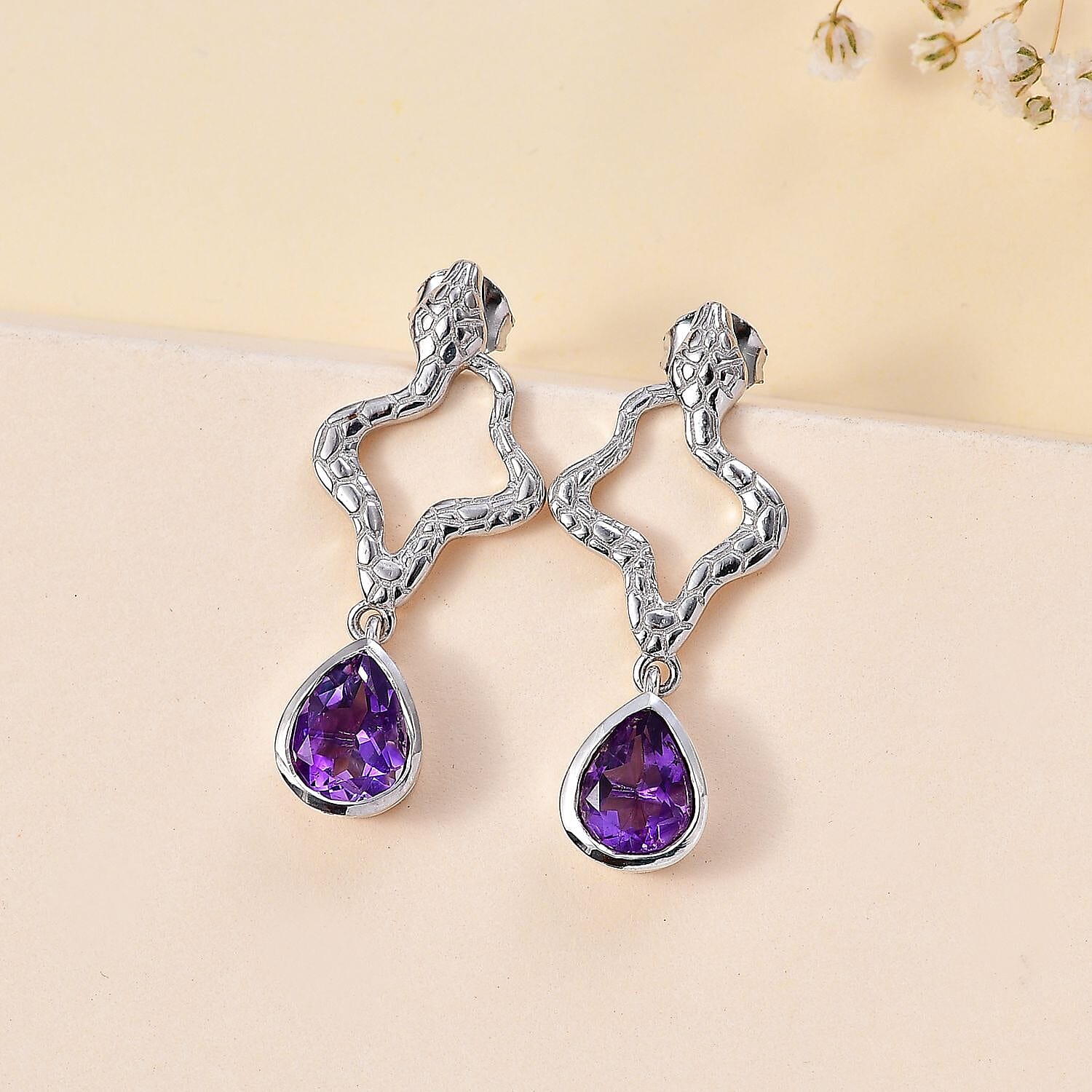 Moroccan Amethyst Solitaire Dangle Earrings in Rhodium Overlay Sterling Silver 3.03 Ct.