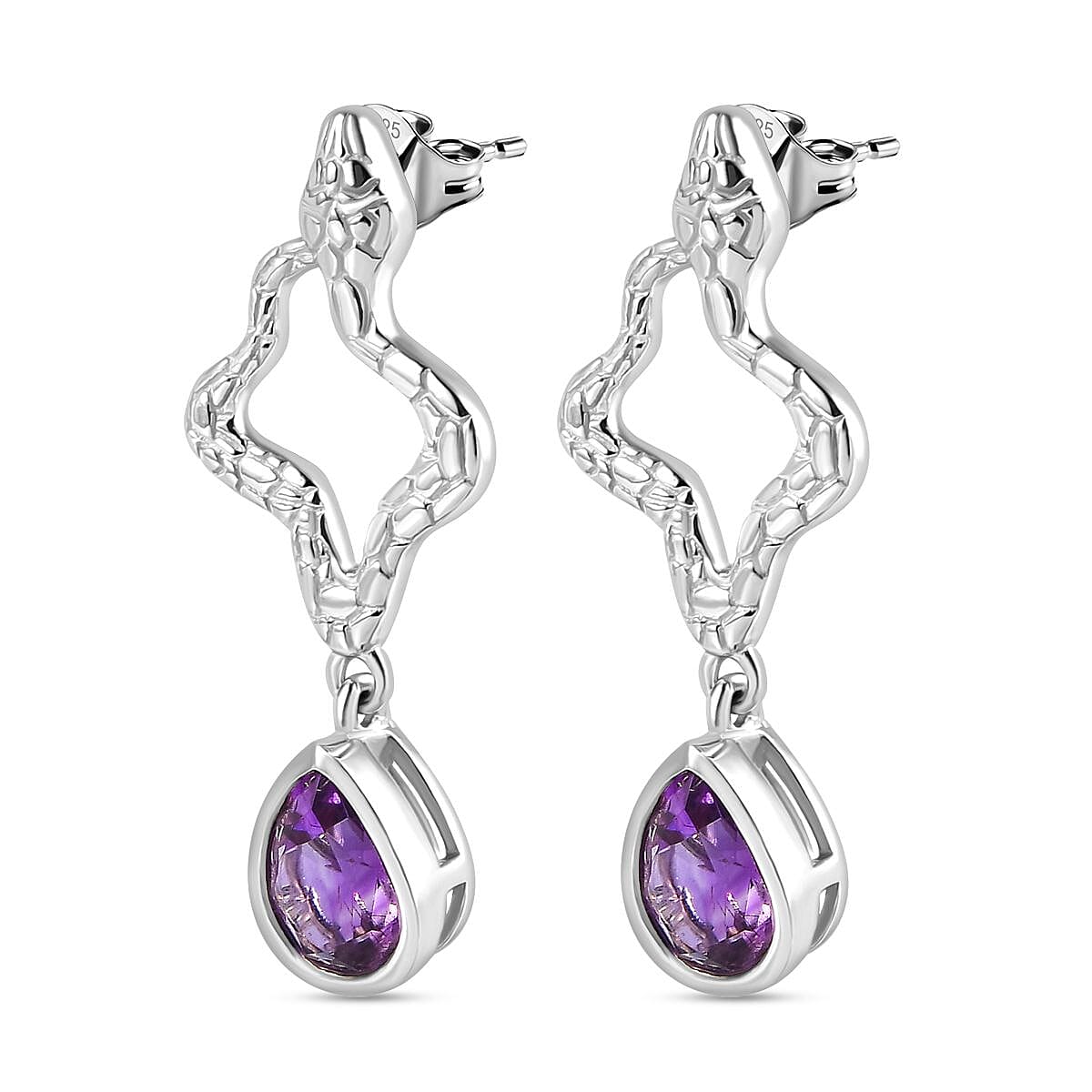 Moroccan Amethyst Solitaire Dangle Earrings in Rhodium Overlay Sterling Silver 3.03 Ct.