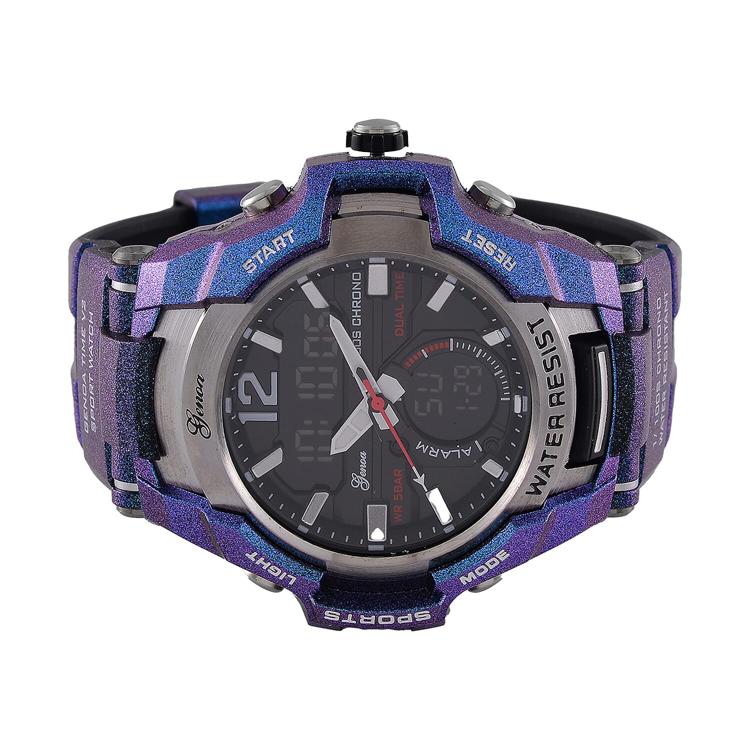 GENOA TIME V2 PC21S-Japanese & Electronic Movt. 5ATM Water Resistant Black Multifunctional Literal with LED Mens Watch with Blue Strap & Stainless Steel Buckle GENOA TIME V2 PC21S-Japanese & Electronic Movt. 5ATM Water Resistant Black Multifunctional Literal with LED Mens Watch with Blue Strap & Stainless Steel Buckle