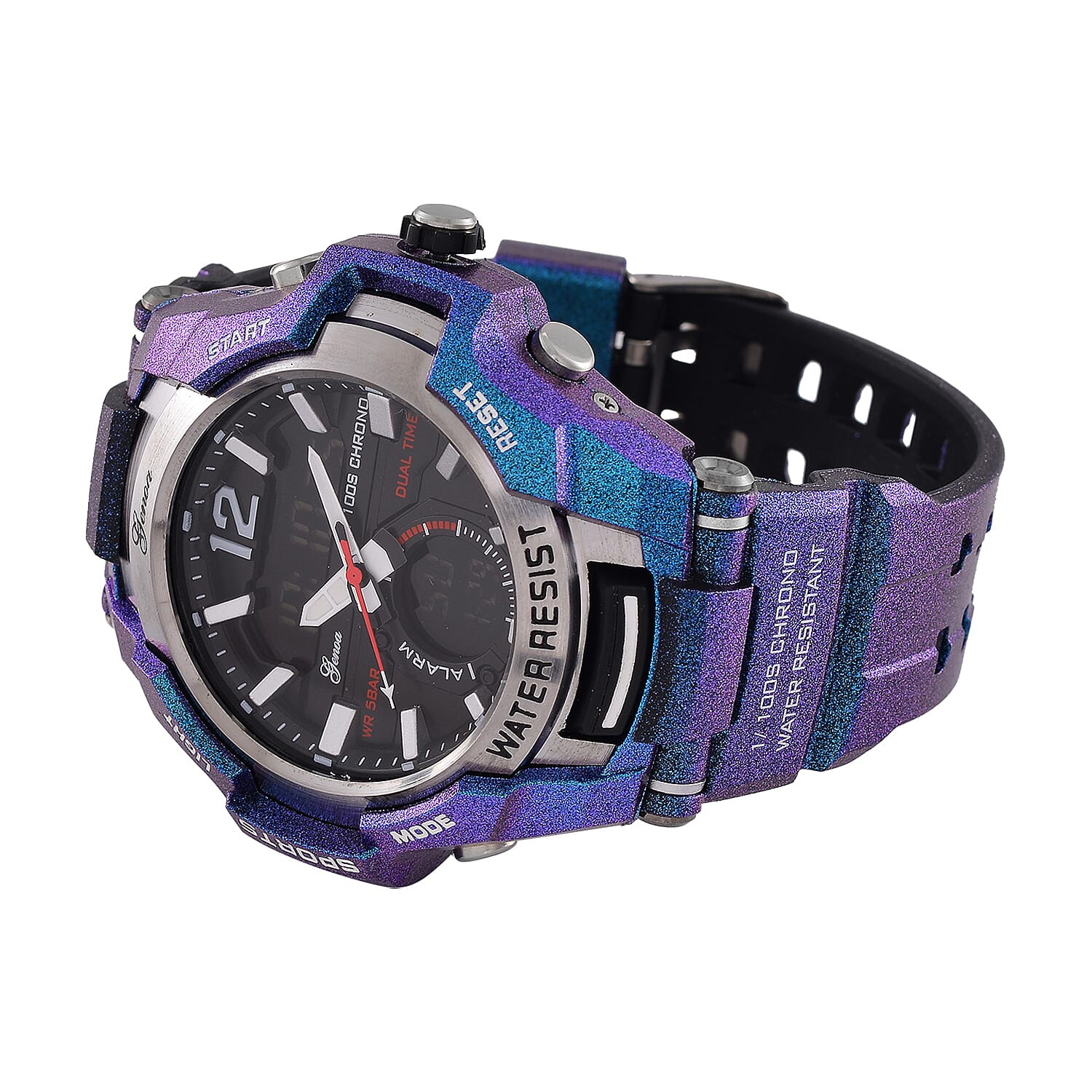 GENOA TIME V2 PC21S-Japanese & Electronic Movt. 5ATM Water Resistant Black Multifunctional Literal with LED Mens Watch with Blue Strap & Stainless Steel Buckle GENOA TIME V2 PC21S-Japanese & Electronic Movt. 5ATM Water Resistant Black Multifunctional Literal with LED Mens Watch with Blue Strap & Stainless Steel Buckle