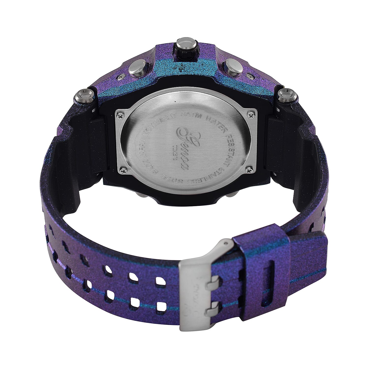 GENOA TIME V2 PC21S-Japanese & Electronic Movt. 5ATM Water Resistant Black Multifunctional Literal with LED Mens Watch with Blue Strap & Stainless Steel Buckle GENOA TIME V2 PC21S-Japanese & Electronic Movt. 5ATM Water Resistant Black Multifunctional Literal with LED Mens Watch with Blue Strap & Stainless Steel Buckle