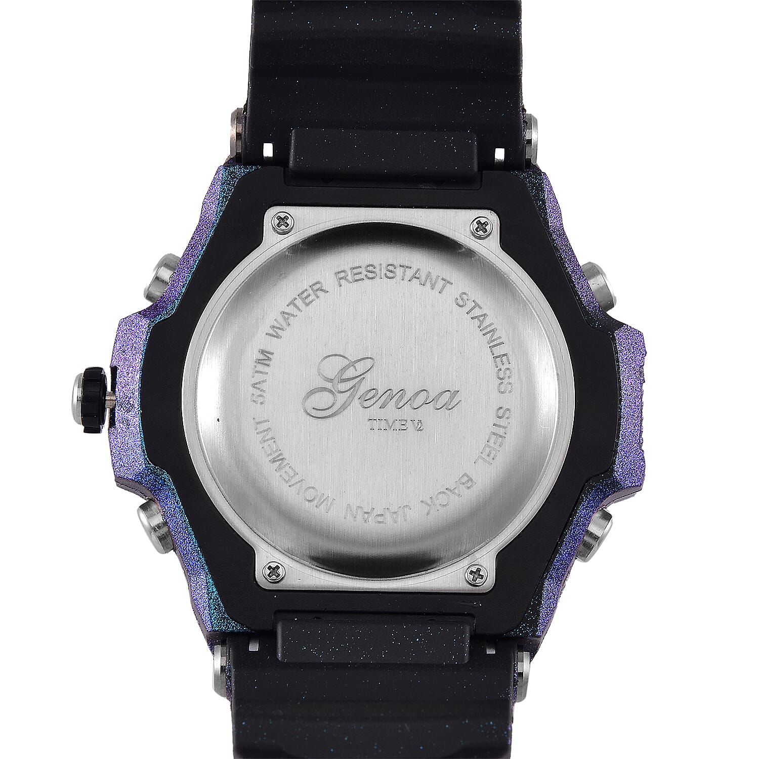 GENOA TIME V2 PC21S-Japanese & Electronic Movt. 5ATM Water Resistant Black Multifunctional Literal with LED Mens Watch with Blue Strap & Stainless Steel Buckle GENOA TIME V2 PC21S-Japanese & Electronic Movt. 5ATM Water Resistant Black Multifunctional Literal with LED Mens Watch with Blue Strap & Stainless Steel Buckle