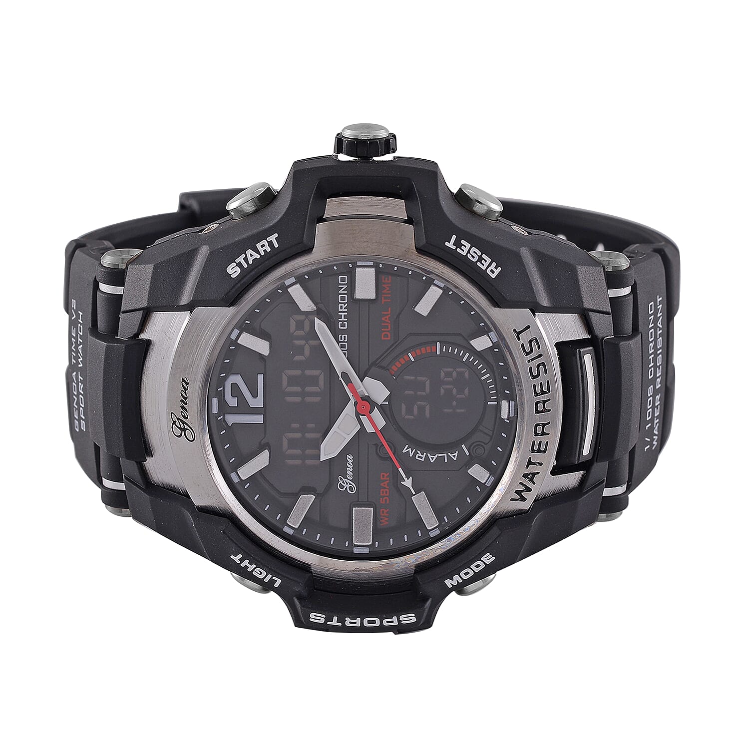 GENOA TIME V2 PC21S-Japanese & Electronic Movt. 5ATM Water Resistant Black Multifunctional Literal with LED Mens Watch with Black Strap & Stainless Steel Buckle GENOA TIME V2 PC21S-Japanese & Electronic Movt. 5ATM Water Resistant Black Multifunctional Literal with LED Mens Watch with Black Strap & Stainless Steel Buckle