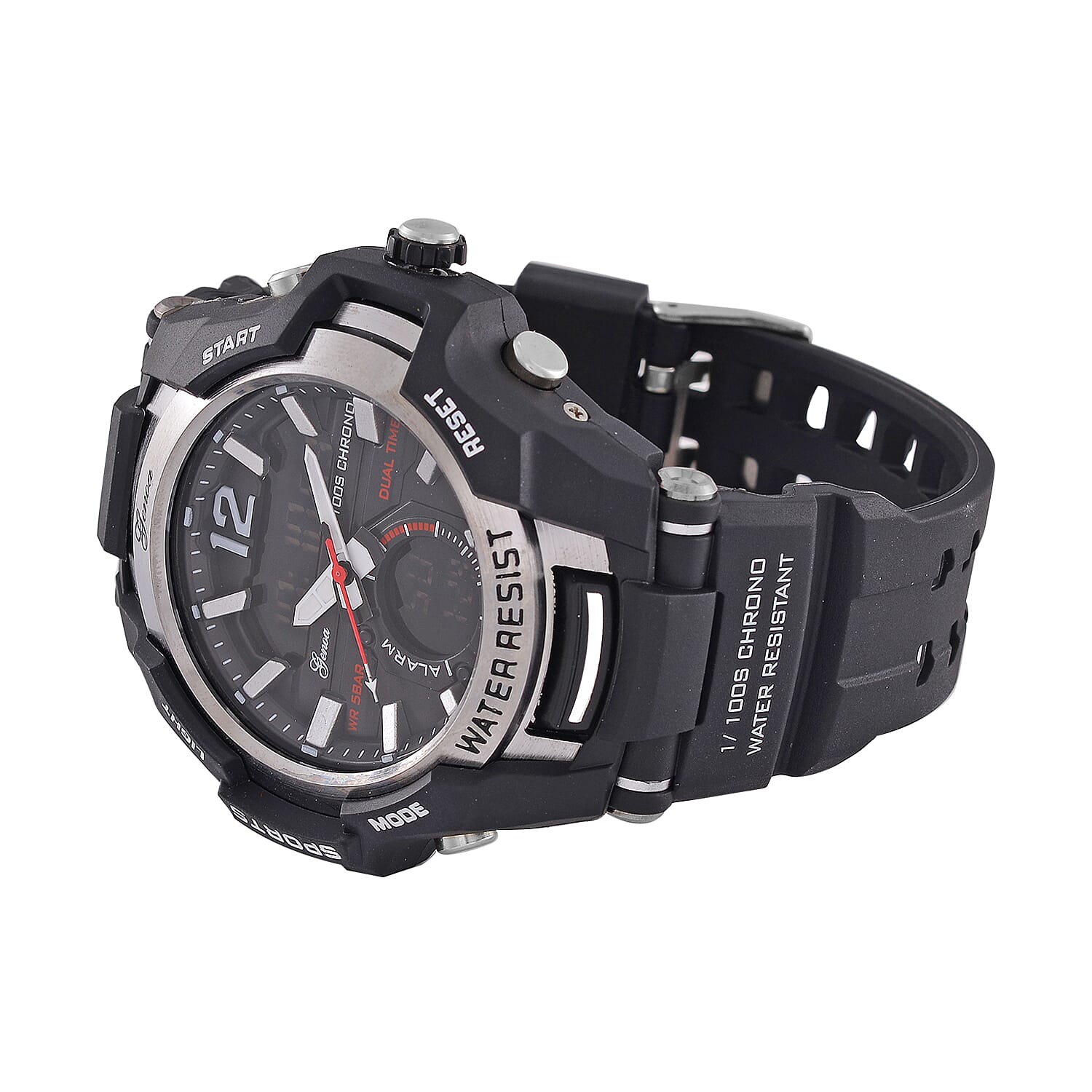 GENOA TIME V2 PC21S-Japanese & Electronic Movt. 5ATM Water Resistant Black Multifunctional Literal with LED Mens Watch with Black Strap & Stainless Steel Buckle GENOA TIME V2 PC21S-Japanese & Electronic Movt. 5ATM Water Resistant Black Multifunctional Literal with LED Mens Watch with Black Strap & Stainless Steel Buckle