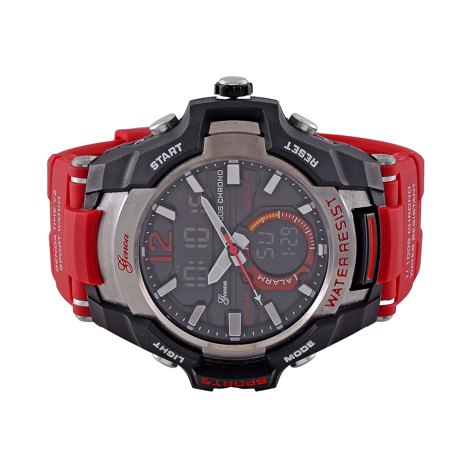 GENOA TIME V2 PC21S-Japanese & Electronic Movt. 5ATM Water Resistant Black Multifunctional Literal with LED Mens Watch with Red Strap & Stainless Steel Buckle GENOA TIME V2 PC21S-Japanese & Electronic Movt. 5ATM Water Resistant Black Multifunctional Literal with LED Mens Watch with Red Strap & Stainless Steel Buckle