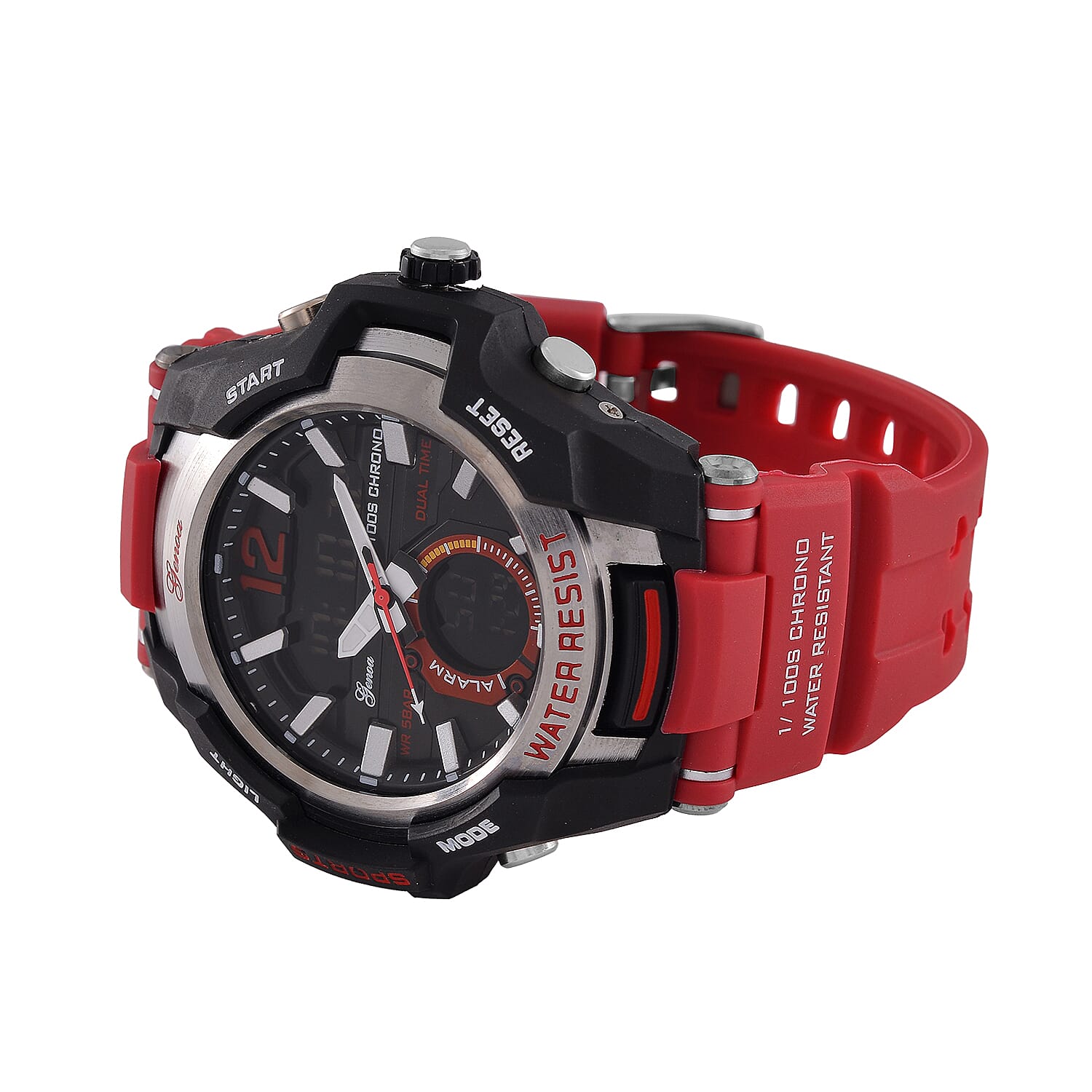 GENOA TIME V2 PC21S-Japanese & Electronic Movt. 5ATM Water Resistant Black Multifunctional Literal with LED Mens Watch with Red Strap & Stainless Steel Buckle GENOA TIME V2 PC21S-Japanese & Electronic Movt. 5ATM Water Resistant Black Multifunctional Literal with LED Mens Watch with Red Strap & Stainless Steel Buckle