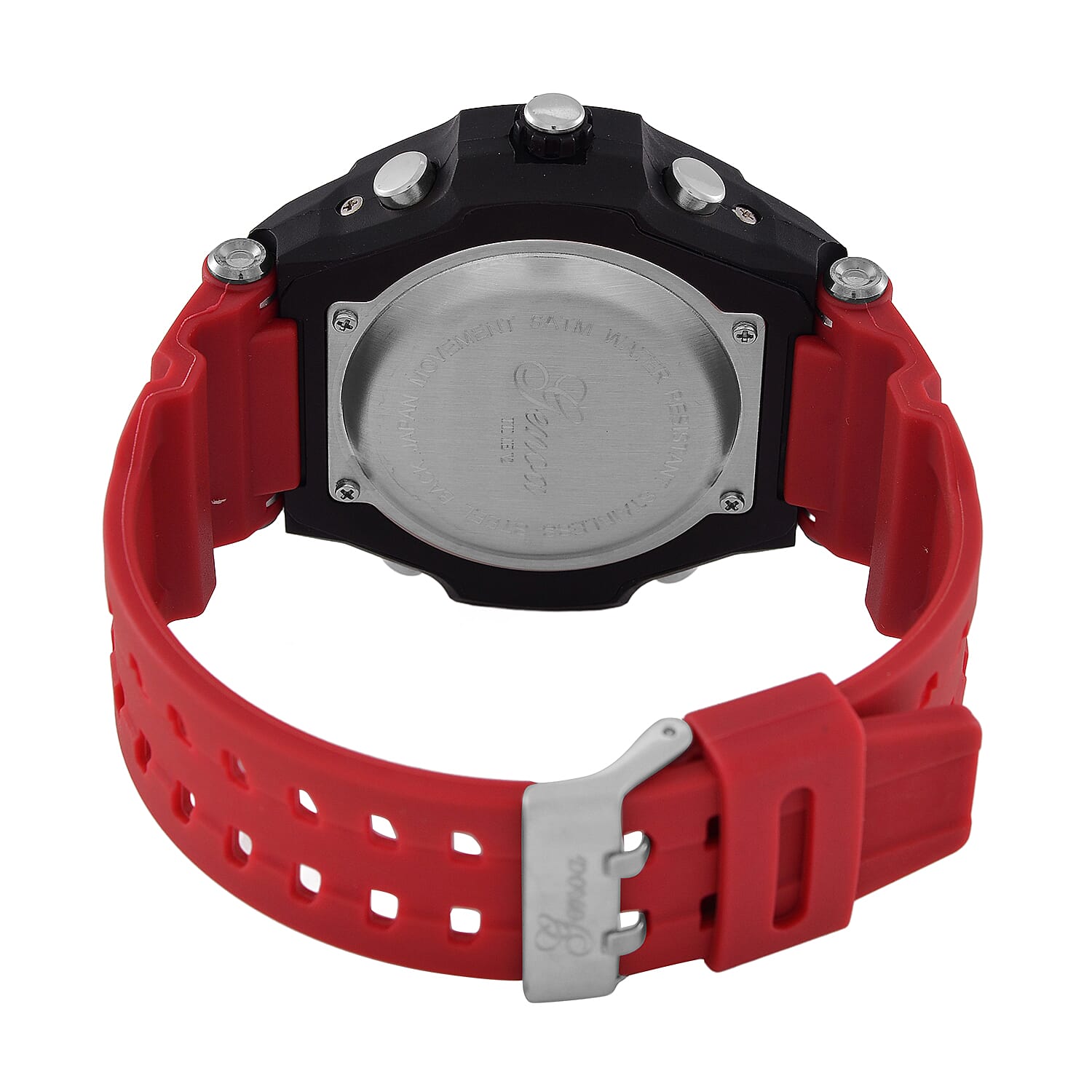 GENOA TIME V2 PC21S-Japanese & Electronic Movt. 5ATM Water Resistant Black Multifunctional Literal with LED Mens Watch with Red Strap & Stainless Steel Buckle GENOA TIME V2 PC21S-Japanese & Electronic Movt. 5ATM Water Resistant Black Multifunctional Literal with LED Mens Watch with Red Strap & Stainless Steel Buckle