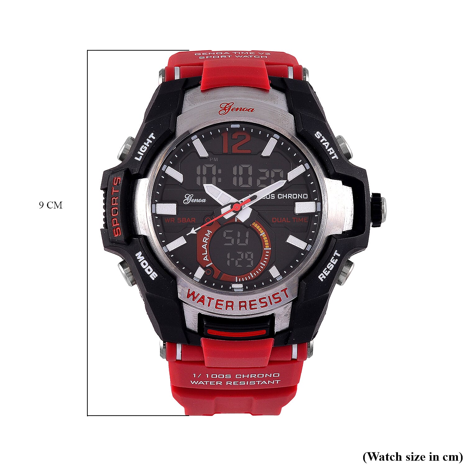 GENOA TIME V2 PC21S-Japanese & Electronic Movt. 5ATM Water Resistant Black Multifunctional Literal with LED Mens Watch with Red Strap & Stainless Steel Buckle GENOA TIME V2 PC21S-Japanese & Electronic Movt. 5ATM Water Resistant Black Multifunctional Literal with LED Mens Watch with Red Strap & Stainless Steel Buckle