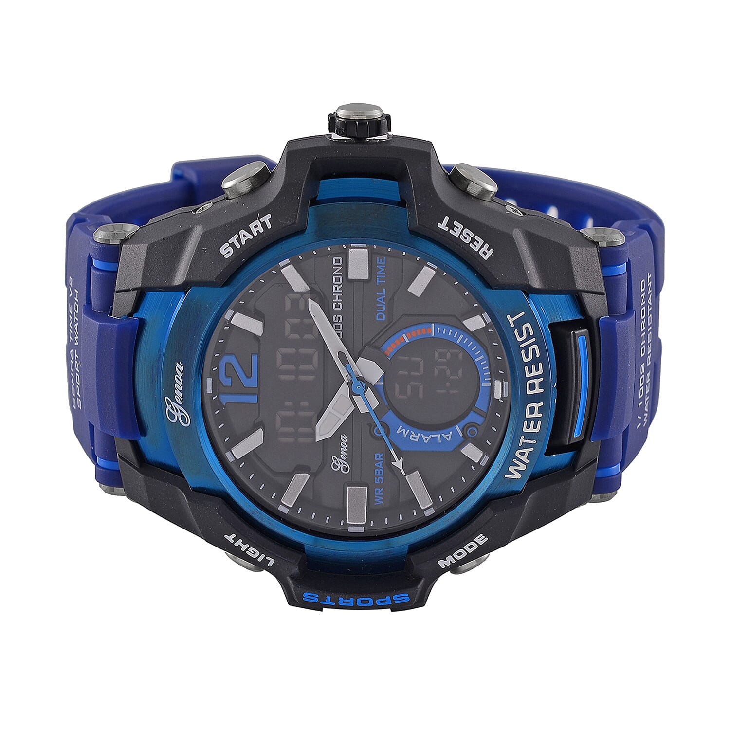 GENOA TIME V2 PC21S-Japanese & Electronic Movt. 5ATM Water Resistant Black Multifunctional Literal with LED Mens Watch with Blue Strap & Stainless Steel Buckle GENOA TIME V2 PC21S-Japanese & Electronic Movt. 5ATM Water Resistant Black Multifunctional Literal with LED Mens Watch with Blue Strap & Stainless Steel Buckle