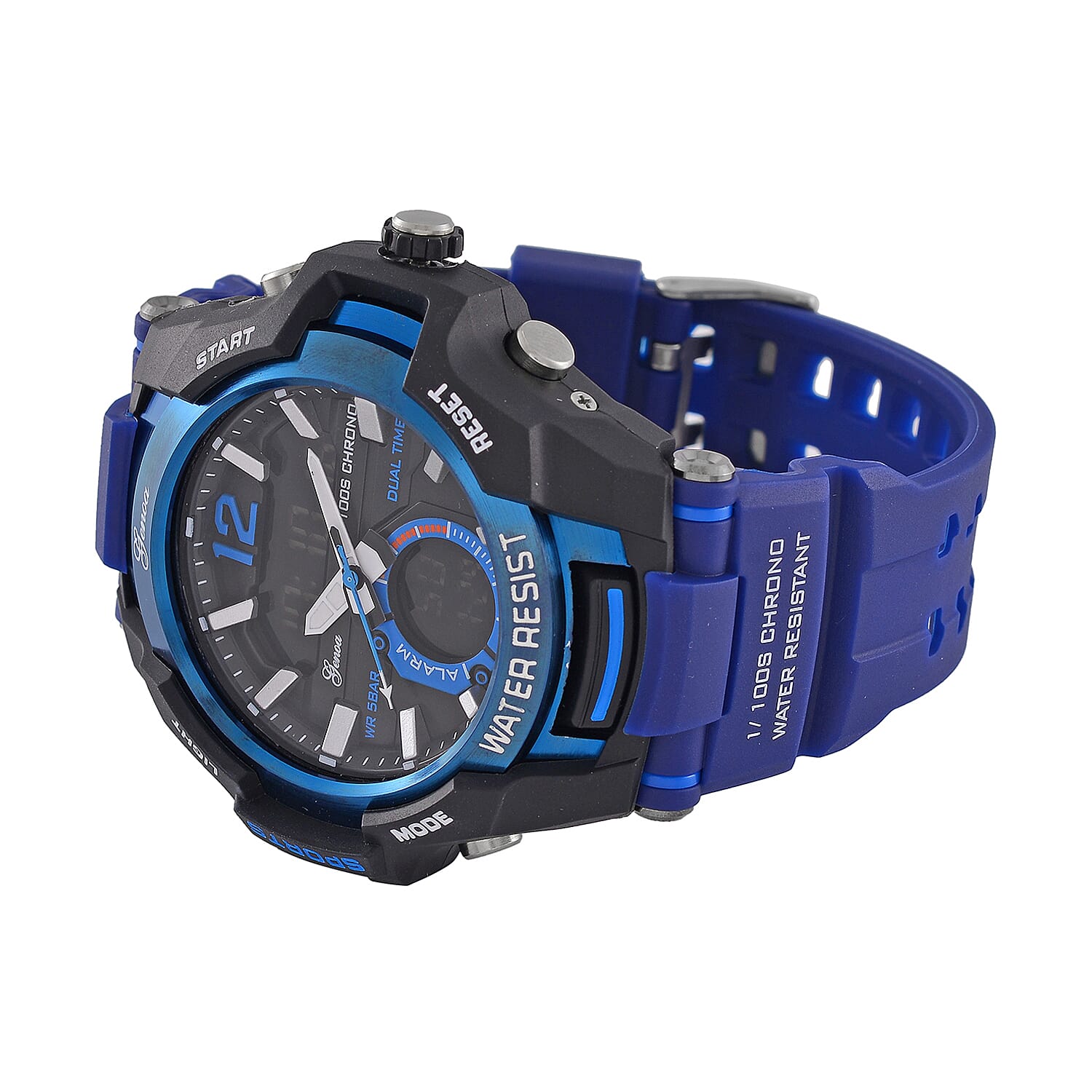 GENOA TIME V2 PC21S-Japanese & Electronic Movt. 5ATM Water Resistant Black Multifunctional Literal with LED Mens Watch with Blue Strap & Stainless Steel Buckle GENOA TIME V2 PC21S-Japanese & Electronic Movt. 5ATM Water Resistant Black Multifunctional Literal with LED Mens Watch with Blue Strap & Stainless Steel Buckle