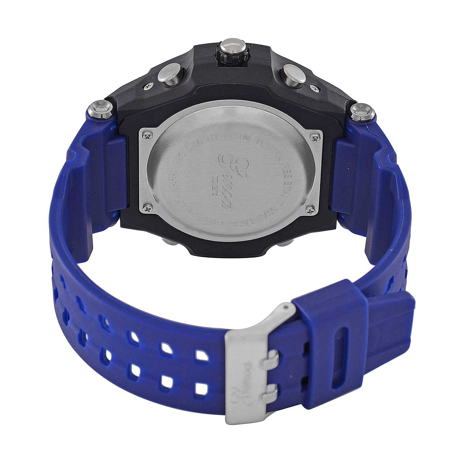 GENOA TIME V2 PC21S-Japanese & Electronic Movt. 5ATM Water Resistant Black Multifunctional Literal with LED Mens Watch with Blue Strap & Stainless Steel Buckle GENOA TIME V2 PC21S-Japanese & Electronic Movt. 5ATM Water Resistant Black Multifunctional Literal with LED Mens Watch with Blue Strap & Stainless Steel Buckle