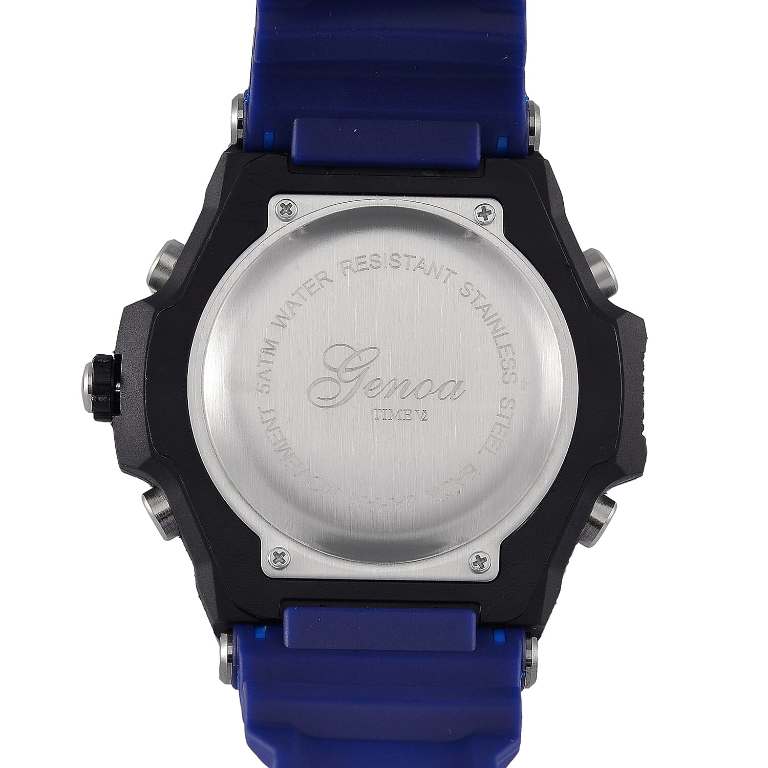 GENOA TIME V2 PC21S-Japanese & Electronic Movt. 5ATM Water Resistant Black Multifunctional Literal with LED Mens Watch with Blue Strap & Stainless Steel Buckle GENOA TIME V2 PC21S-Japanese & Electronic Movt. 5ATM Water Resistant Black Multifunctional Literal with LED Mens Watch with Blue Strap & Stainless Steel Buckle